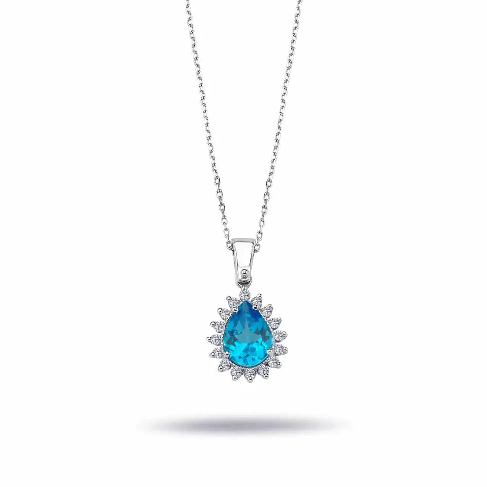 1.11 Karat Pırlantalı Damla London Blue Topaz Kolye