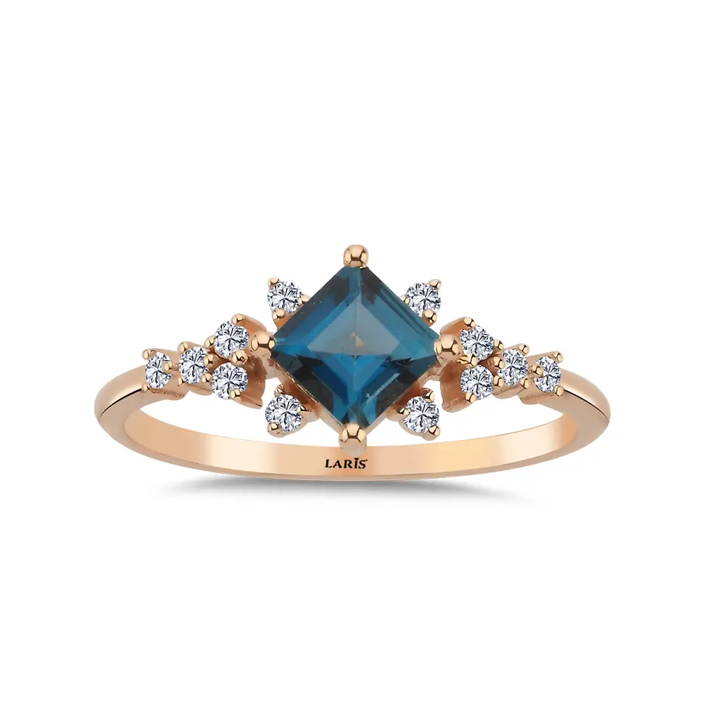 0,82 Karat Pırlanta ve Prenses Kesim London Blue Topaz Vintage Aurora Tasarım Yüzük