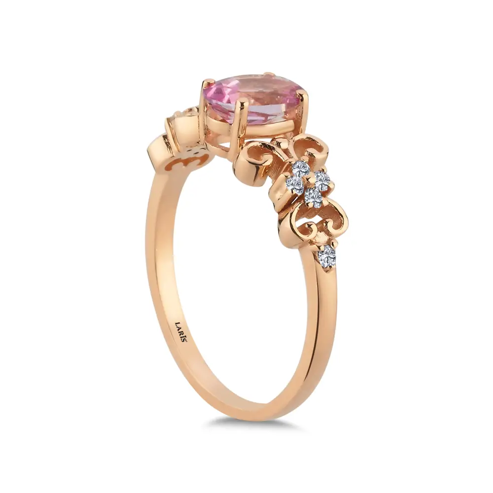 0,98 Karat Pırlanta ve Oval Pembe Topaz Vintage Tasarım Yüzük