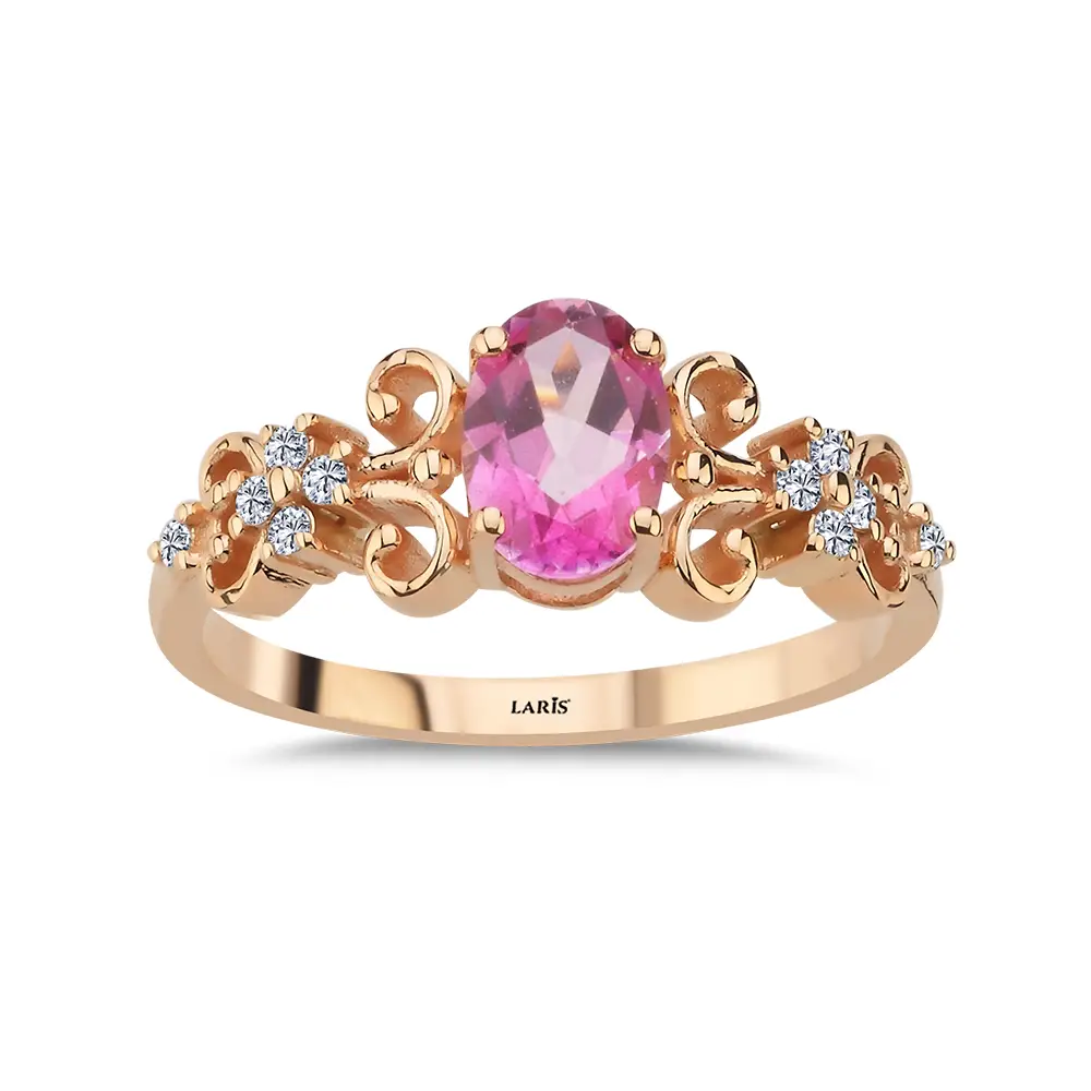 0,98 Karat Pırlanta ve Oval Pembe Topaz Vintage Tasarım Yüzük