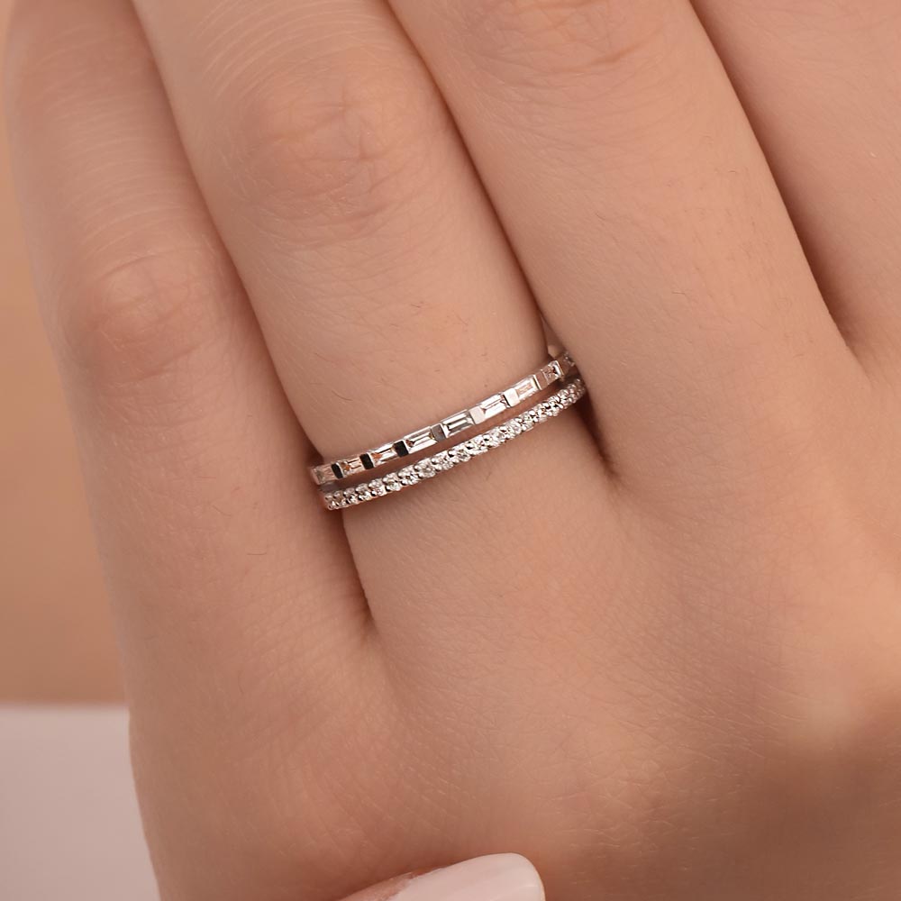 Tamtur / Yarımtur Yüzükler 0,33 Karat Pırlanta Özel Tasarım Çift Sıra Baget Yarımtur Yüzük