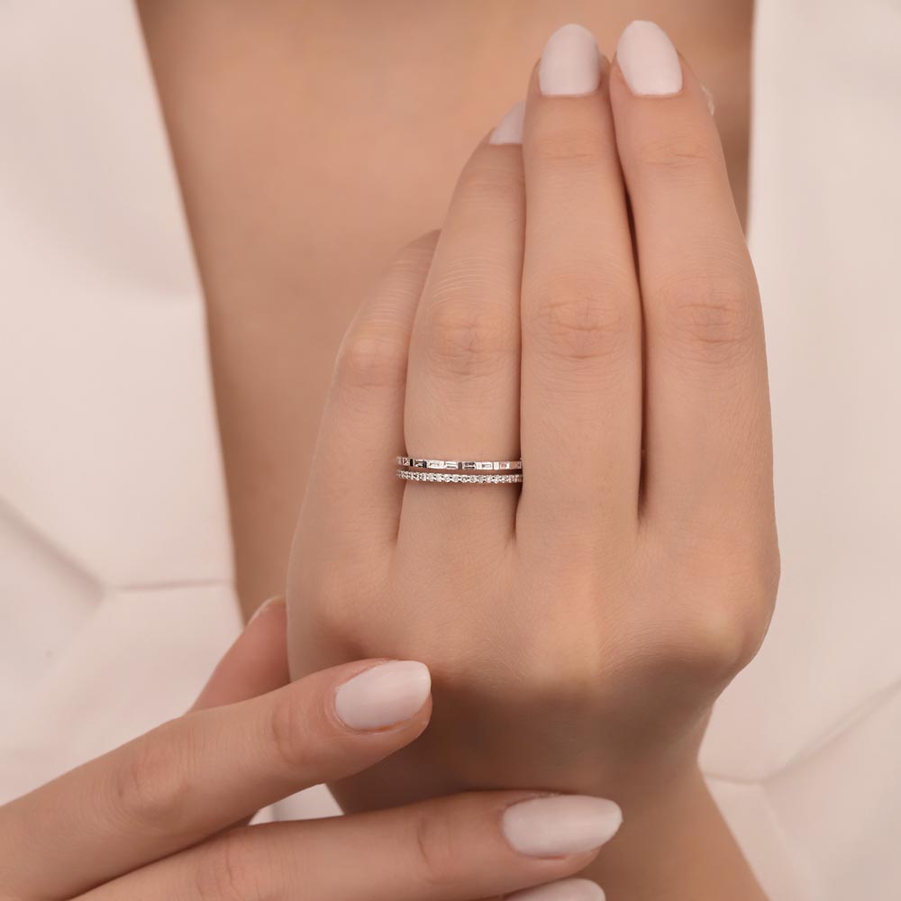 Tamtur / Yarımtur Yüzükler 0,33 Karat Pırlanta Özel Tasarım Çift Sıra Baget Yarımtur Yüzük