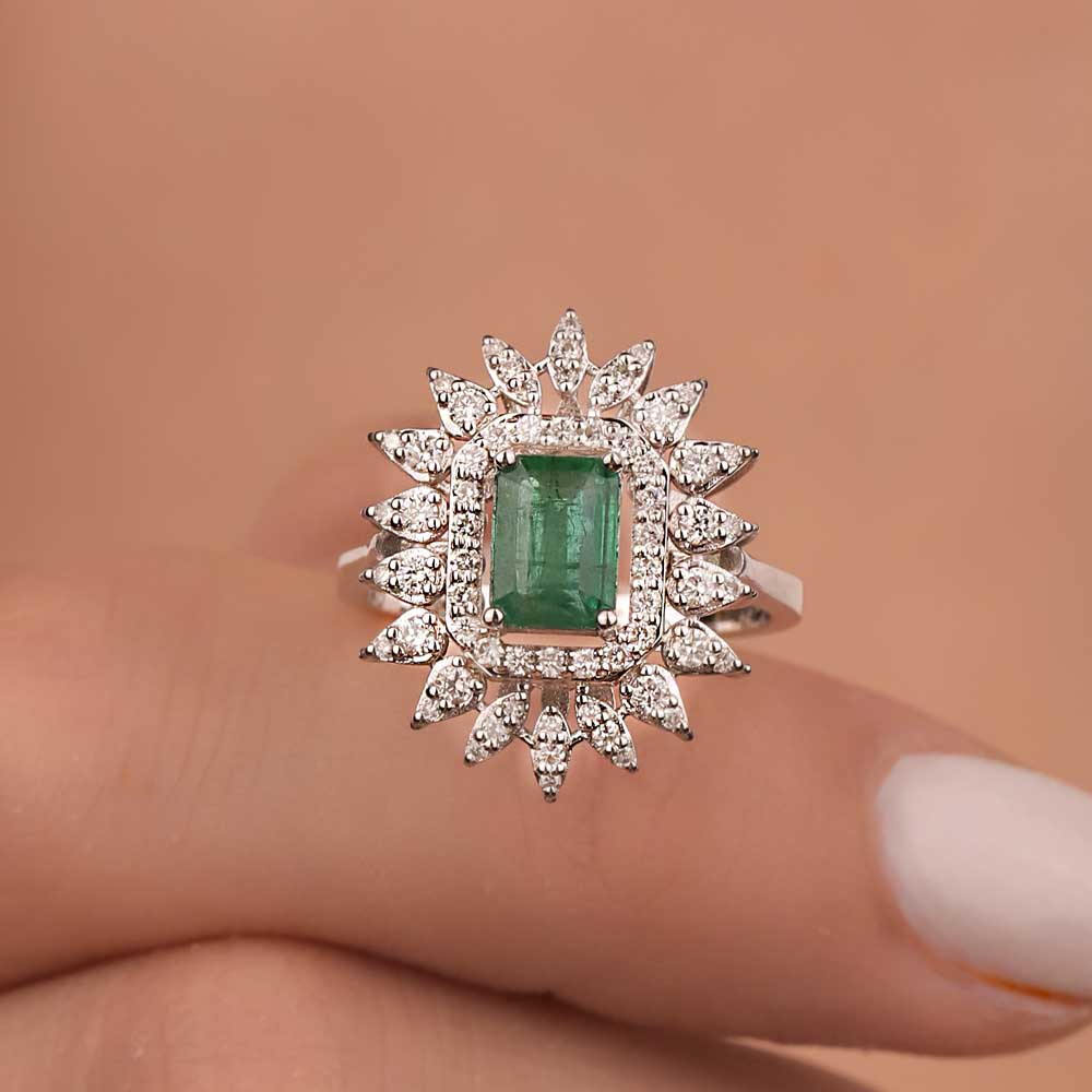 1,55 Karat Pırlanta Oktagon Kesim Jasmine Zümrüt Yüzük